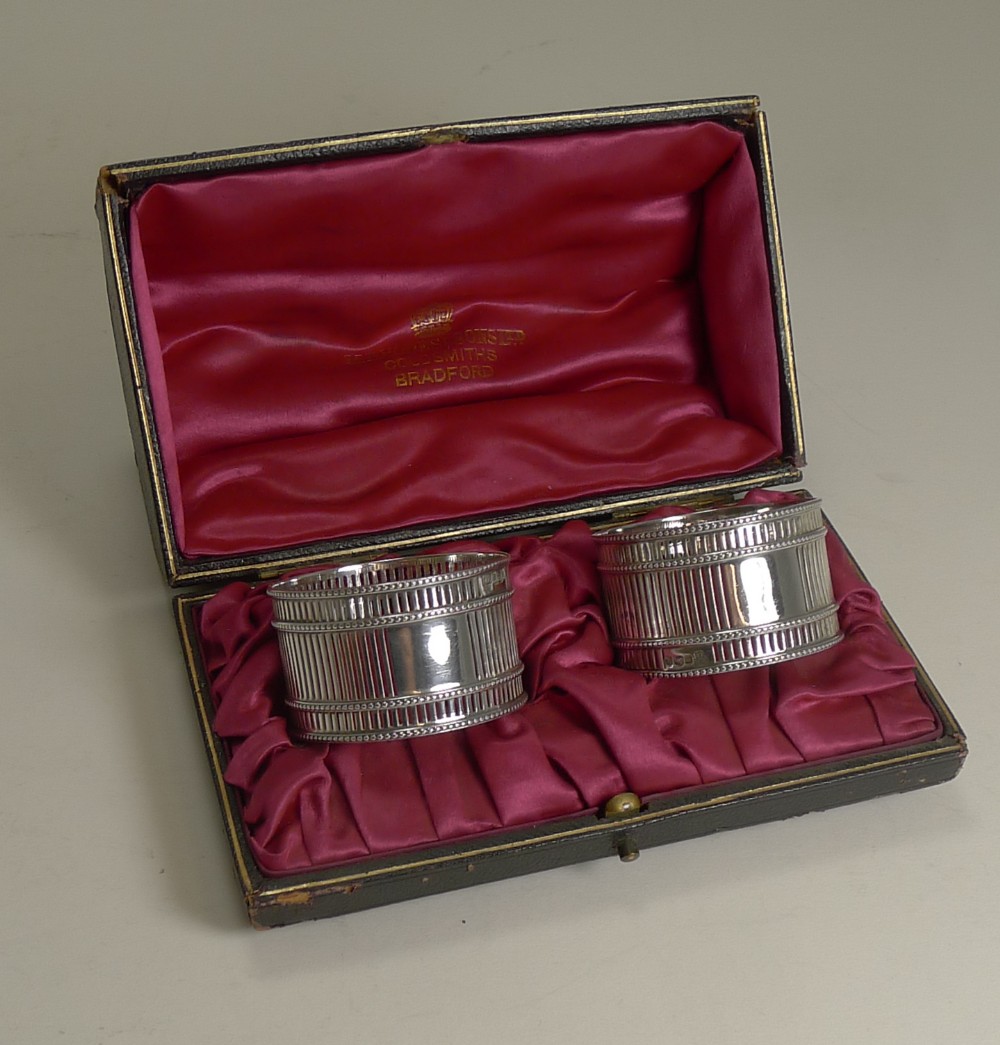Unusual Smart Pair Antique English Sterling Silver Napkin Rings - 1902