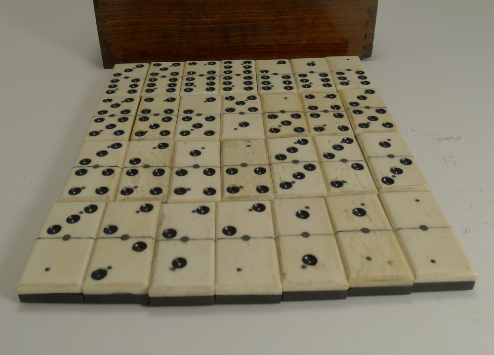 Antique English Boxed Set Bone & Ebony Wood Dominoes c.1900 View IX