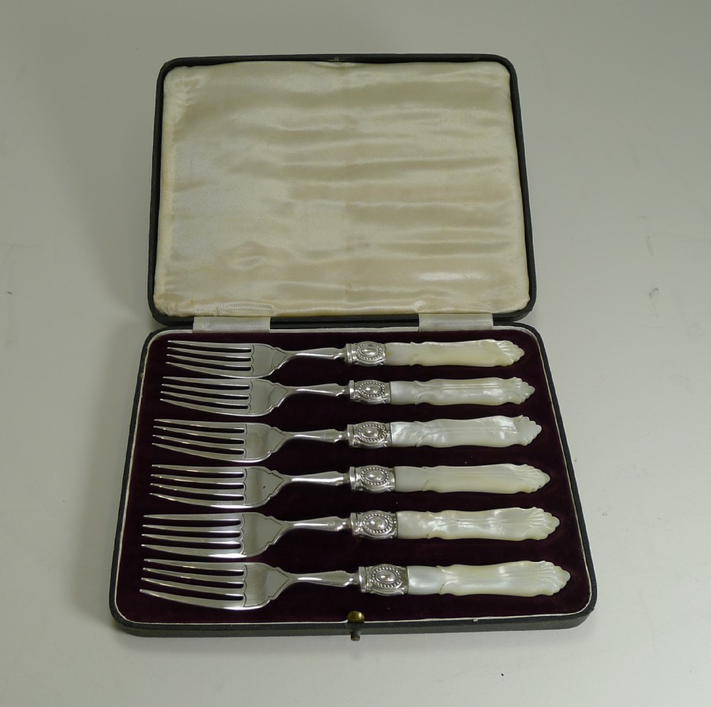 Set Six English Sterling Silver & Mother of Pearl Cake or Desert Forks - 1927