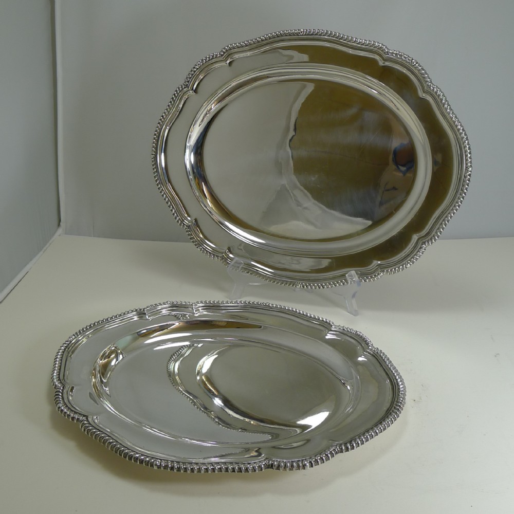 Pair Graduated Antique English Silver Plated Serving Platters by Elkington