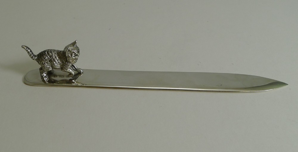 Antique English Sterling Silver Letter Opener - Cat - 1905