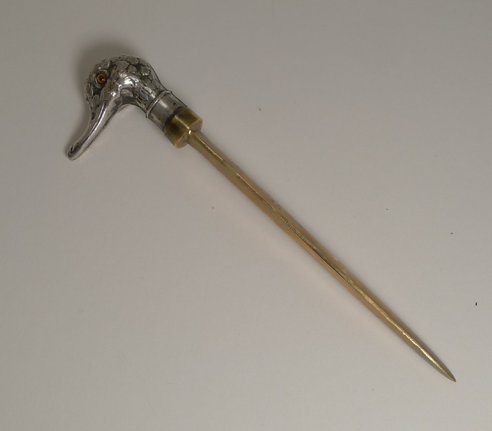 Antique English Novelty Letter Opener - Duck With Glass Eyes c.1900