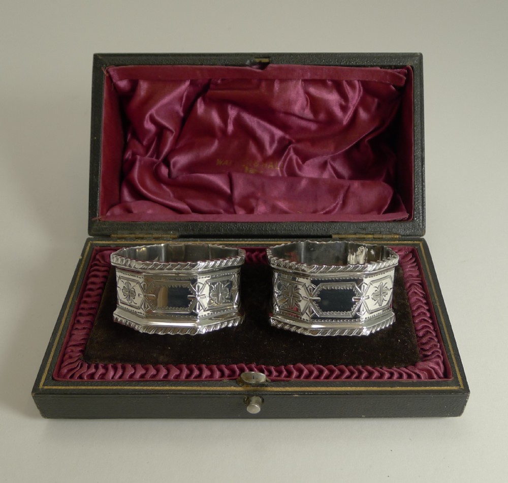 Quality Pair Antique English Sterling Silver Napkin Rings By Walker and Hall