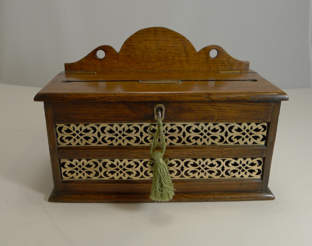 Antique English Oak & Brass Letters Box c.1890