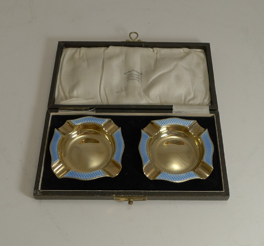 Pair Cased Silver Gilt and Blue Guilloche Enamel Ashtrays - 1929