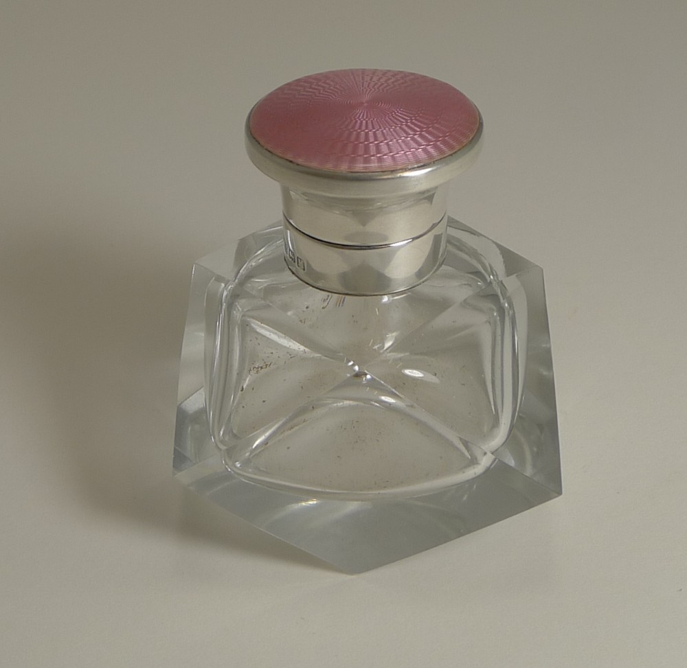 Art Deco Crystal and Sterling Silver Perfume Bottle - Pink Guilloche Enamel