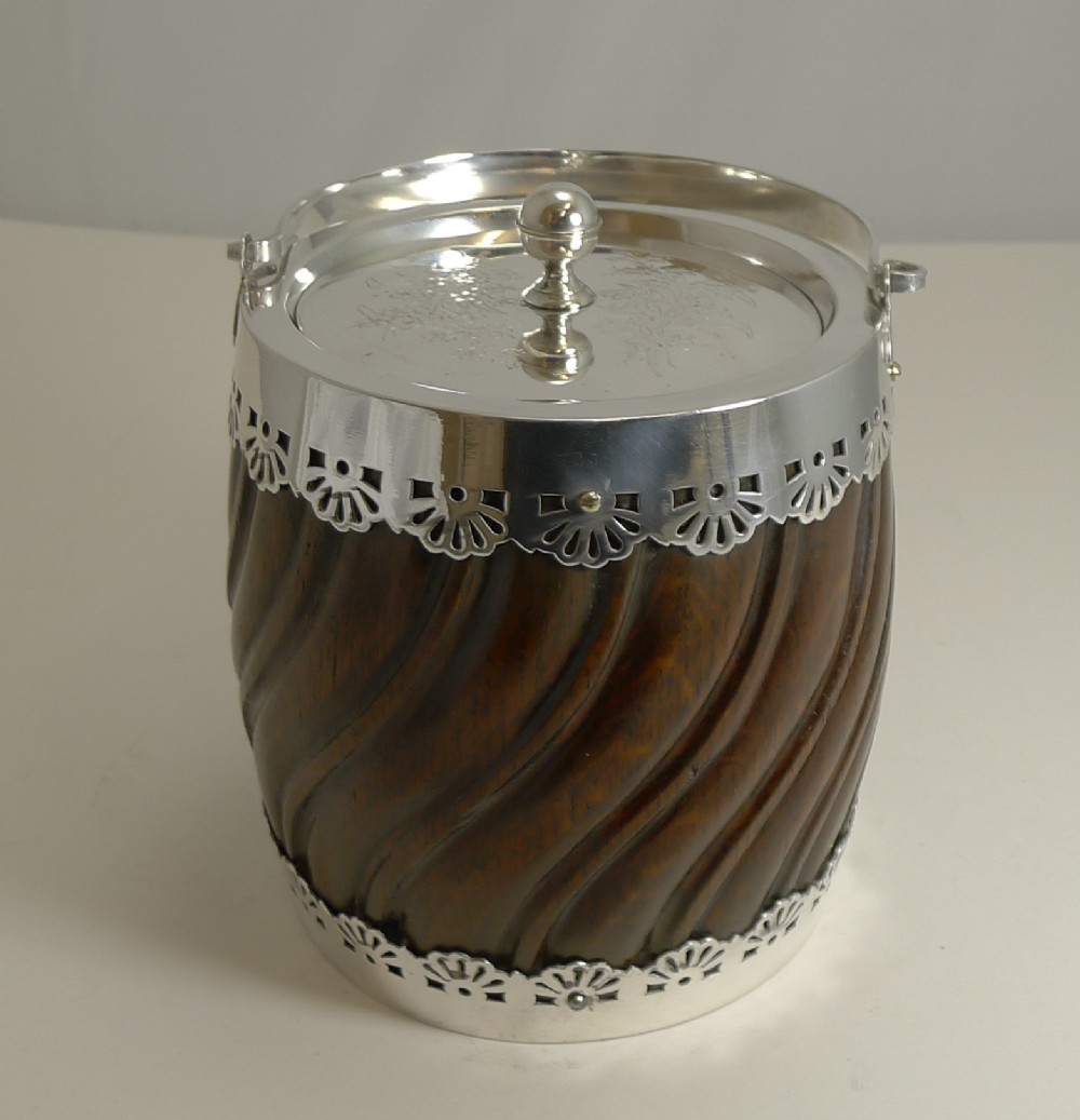 Antique English Silver Plate and Carved Oak Biscuit Box c.1900