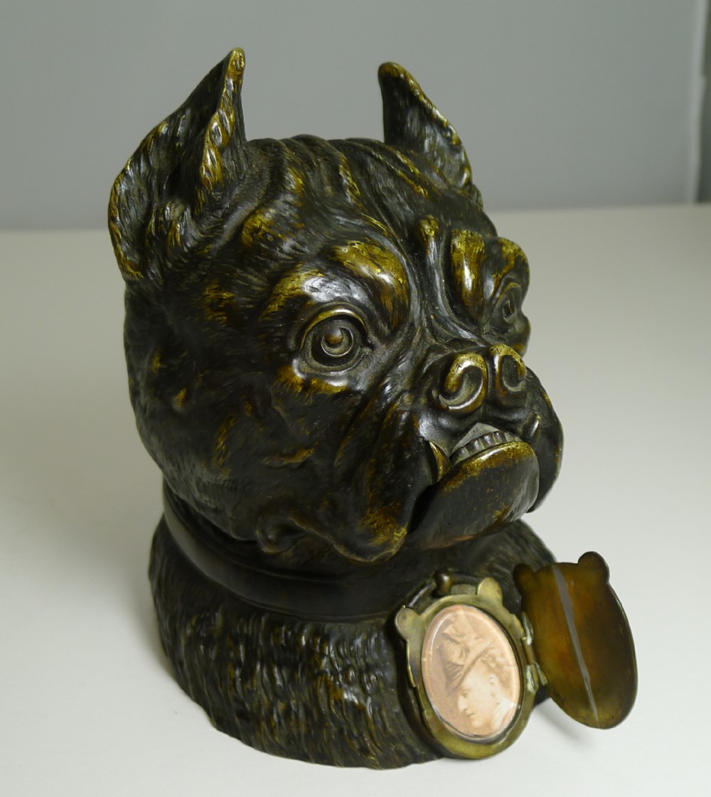 Magnificent Large Antique English Bronze Bulldog Inkwell c.1890 - Dogs