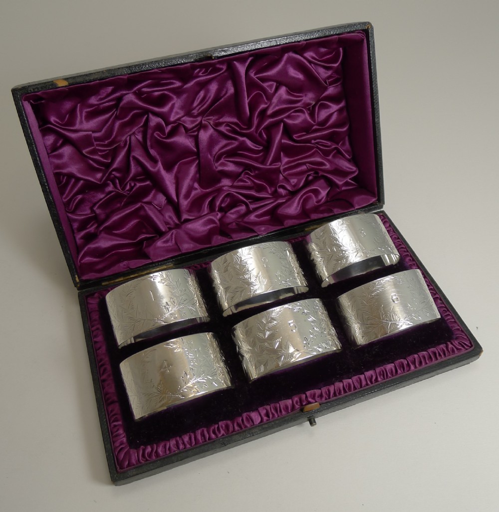 Set Six Cased Antique English Sterling Silver Napkin Rings - Ferns
