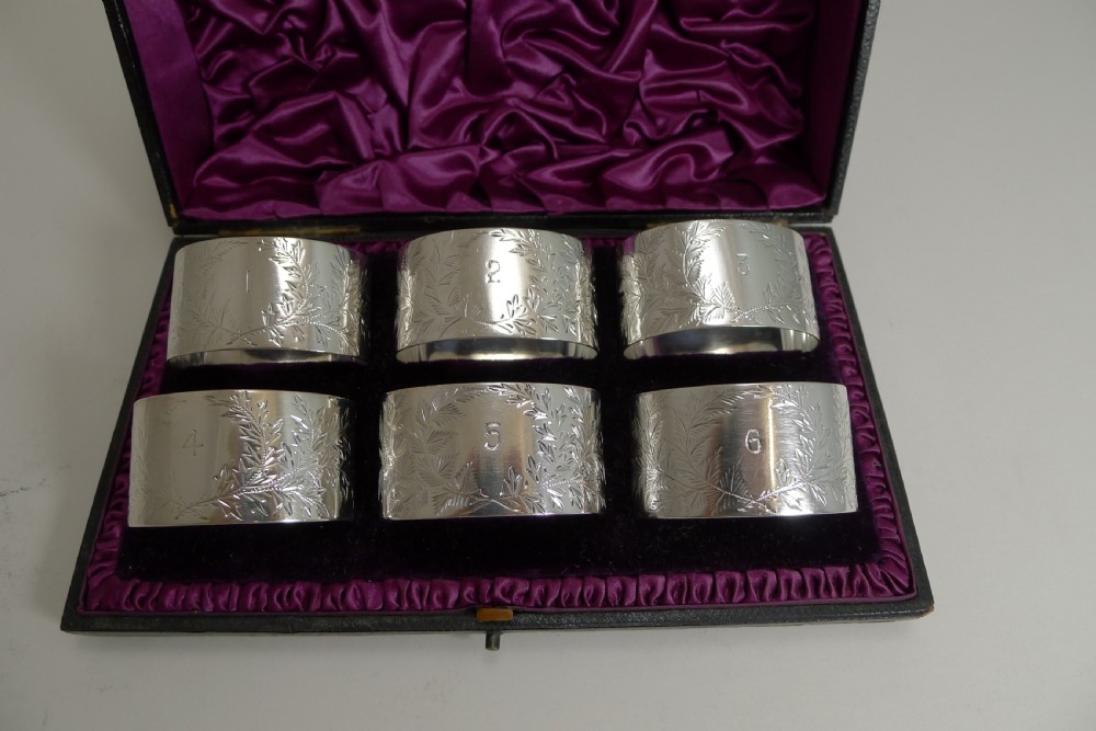 Set Six Cased Antique English Sterling Silver Napkin Rings - Ferns View IV