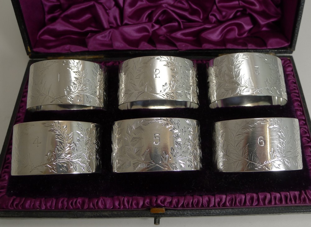 Set Six Cased Antique English Sterling Silver Napkin Rings - Ferns View V