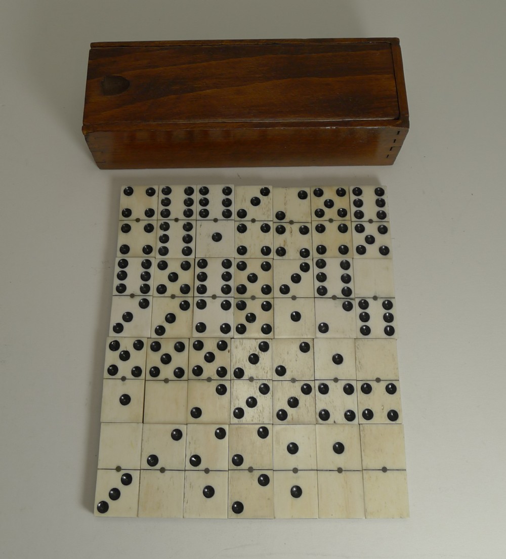 Boxed Set Antique English Bone and Ebony Dominoes c.1910