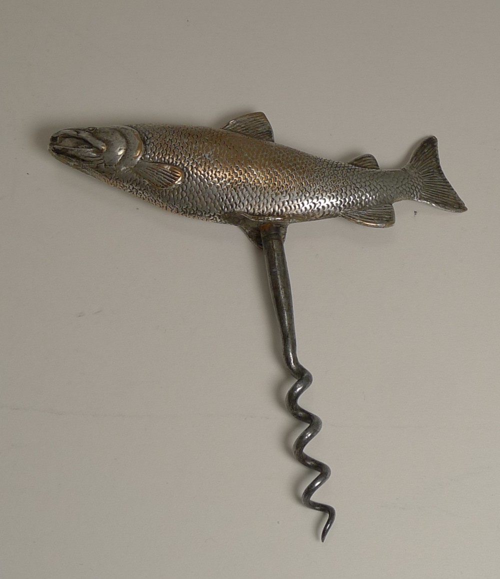 Silvered Bronze Figural Corkscrew c.1900 - Fish - Salmon