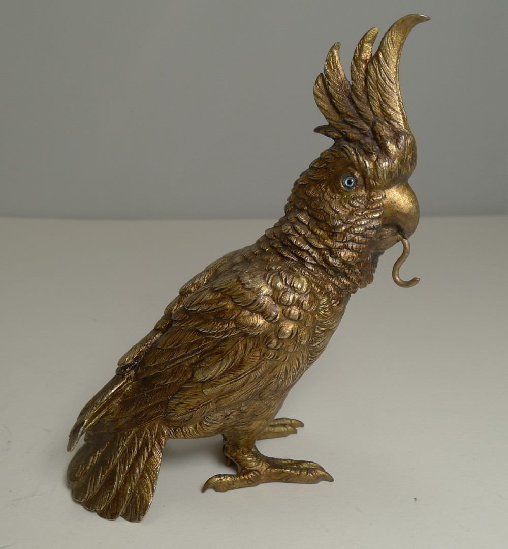 Antique Austrian Gilded Bronze Figural Pocket Watch Holder - Parrot c.1900