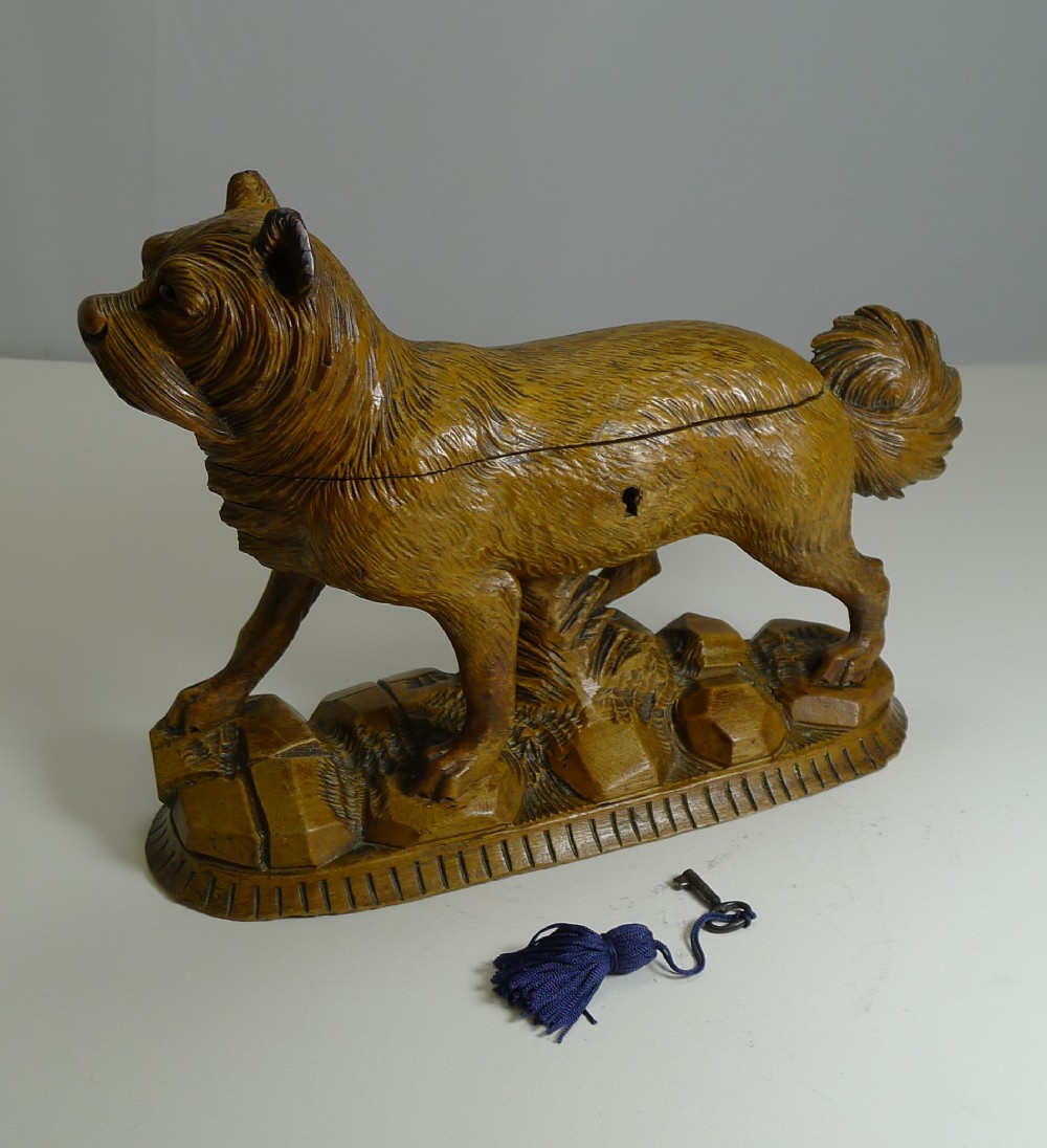 Charming Carved Black Forest Jewellery Box - Dog - Original Silk Interior - 1876