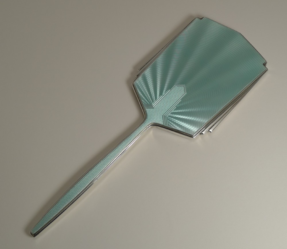 English Art Deco Sterling Silver and Guilloche Enamel Hand Mirror by Walker and Hall