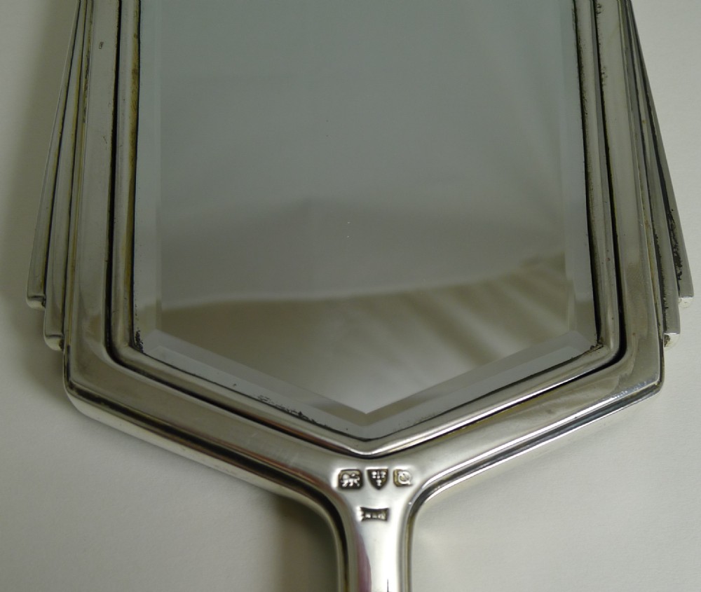 English Art Deco Sterling Silver and Guilloche Enamel Hand Mirror by Walker and Hall View VIII