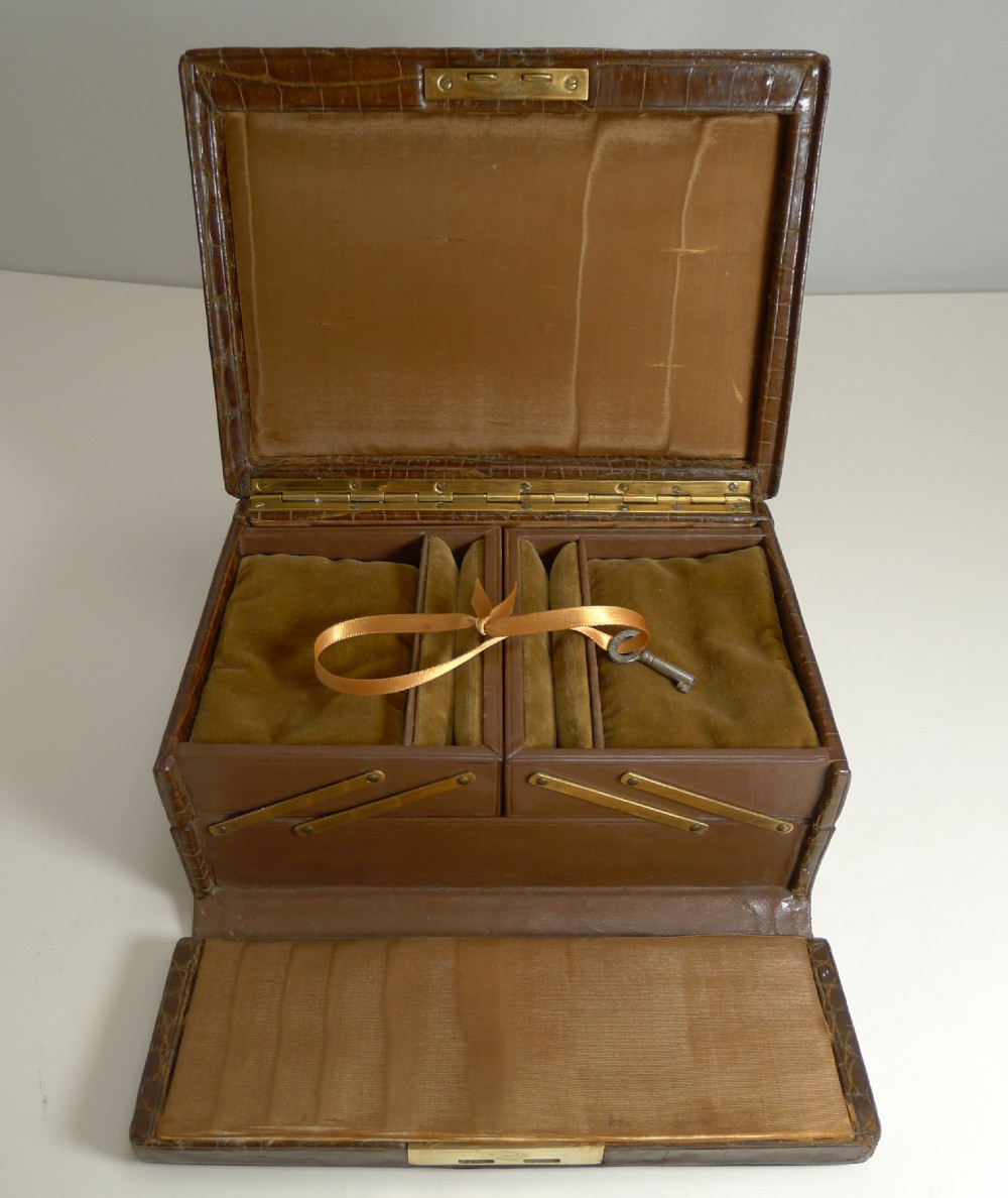 Smart Antique English Crocodile Skin Jewellery Box c.1910 by John Pound, London View VI