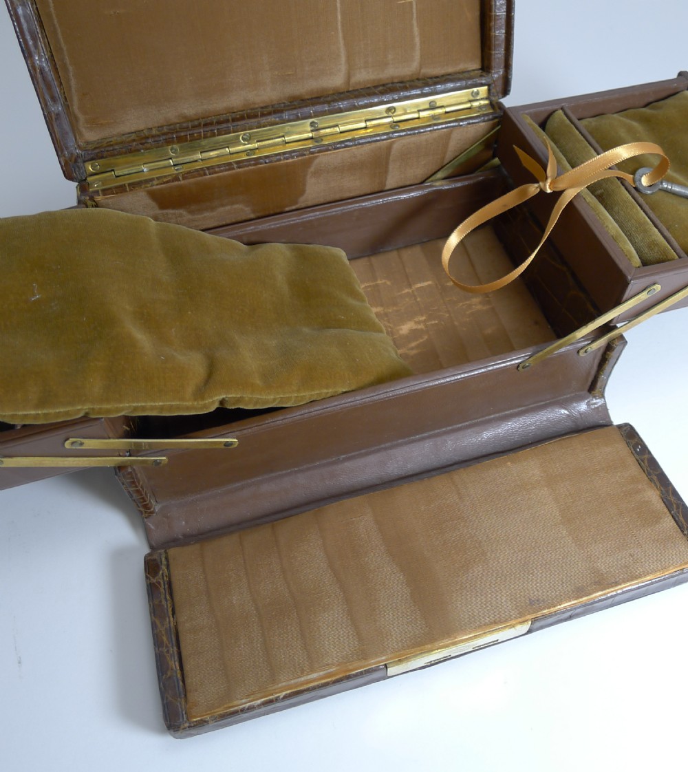 Smart Antique English Crocodile Skin Jewellery Box c.1910 by John Pound, London View VIII