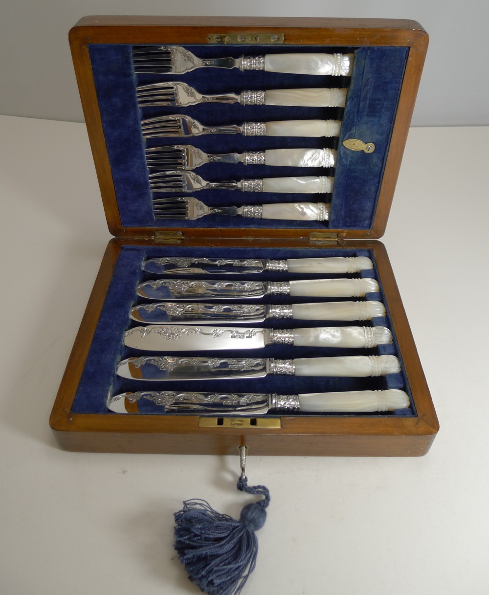 Cased Antique English Sterling Silver and Mother of Pearl Fish Cutlery - 1904