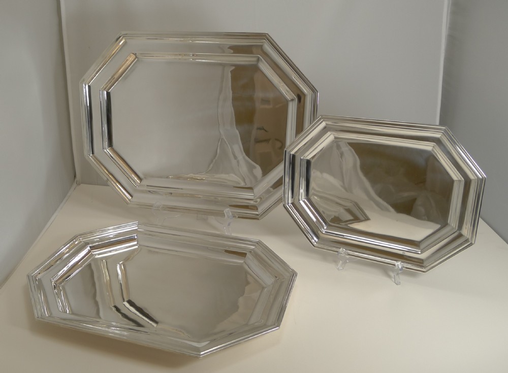 Fine Set Three Antique English Graduated Serving Trays or Platters by Mappin and Webb View II