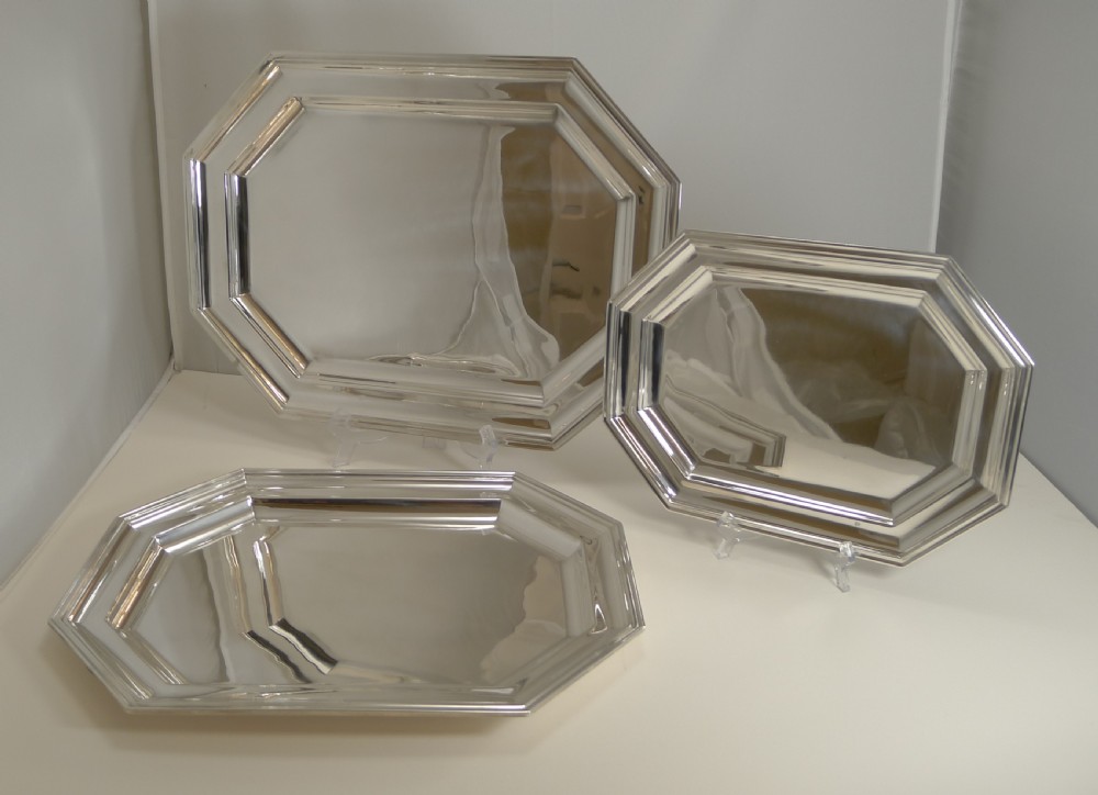 Fine Set Three Antique English Graduated Serving Trays or Platters by Mappin and Webb