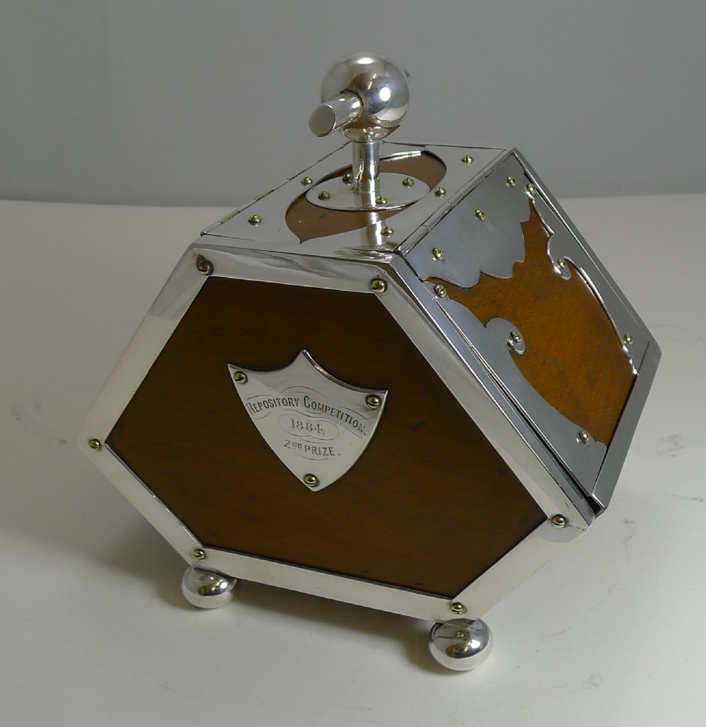 Antique English Oak and Silver Plated Biscuit Box Dated 1884 - Military Interest