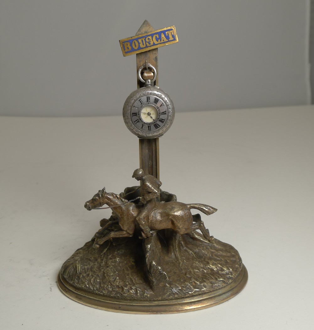 Antique French Bronze Pocket Watch Stand / Match Strike - Equestrian / Horse Racing c.1900