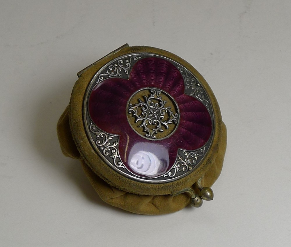 Charming Antique English Coin Purse - Stunning Purple Guilloche Enamel