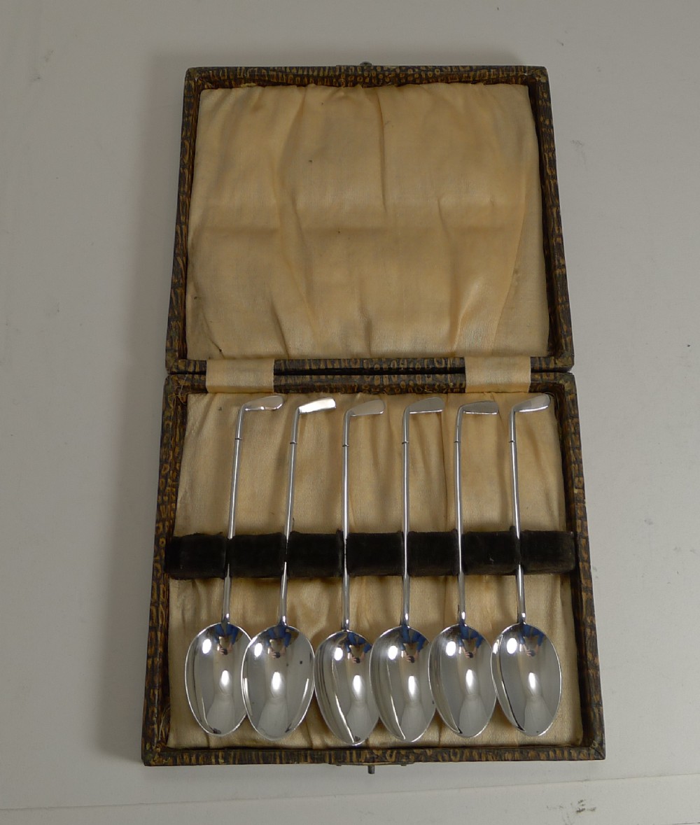 Boxed Set English Sterling Silver Spoons - Golf Clubs by Walker and Hall