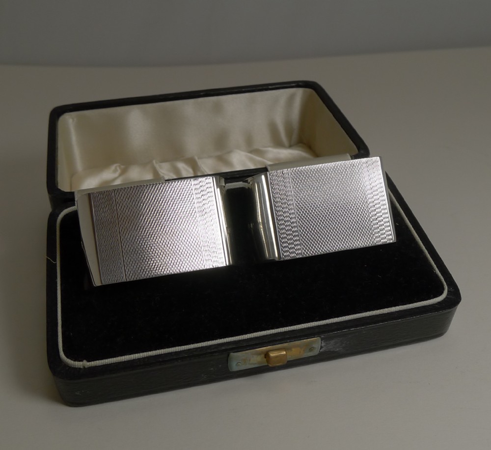 Pair English Art Deco Sterling Silver Napkin Rings - Boxed - 1939