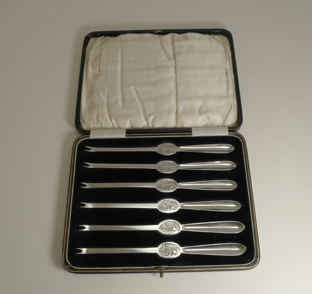 Set Six Cased English Sterling Silver Lobster Picks - 1928