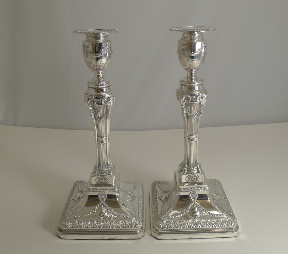 Grand Pair English Silver Plated Adams Style Candlesticks - Ram's Heads c.1880