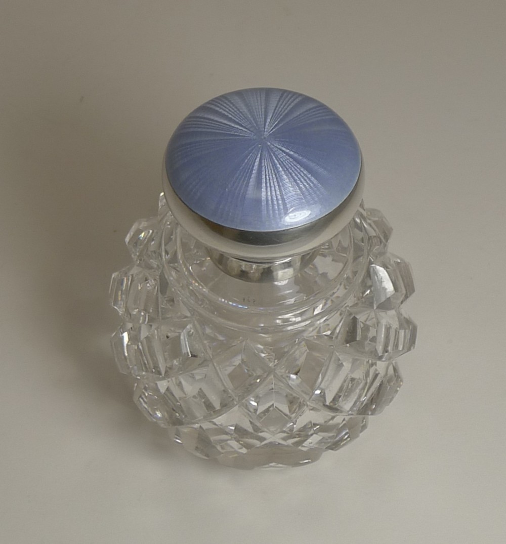 Antique English Cut Crystal, Sterling Silver & Guilloche Enamel Perfume Bottle