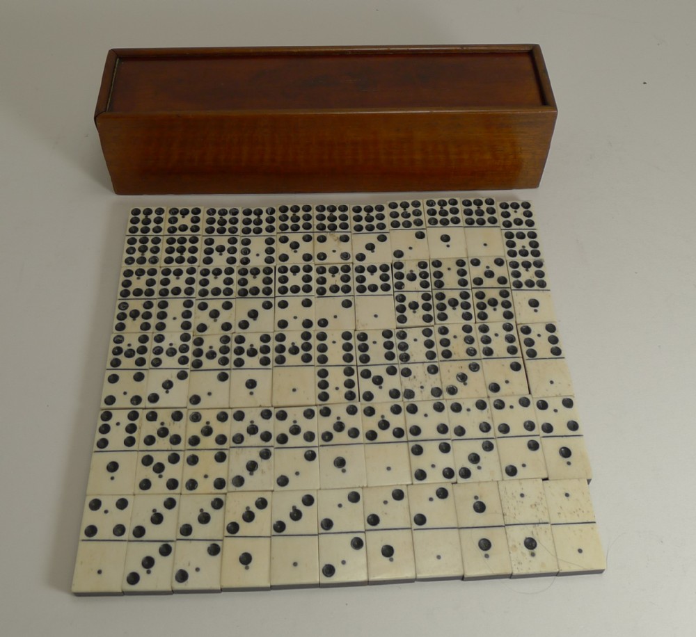 Antique English Boxed Set Bone & Ebony Wood Double Nines Dominoes c.1900