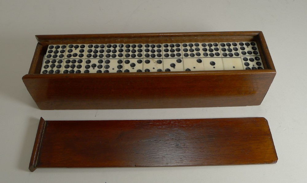 Antique English Boxed Set Bone & Ebony Wood Double Nines Dominoes c.1900 View V