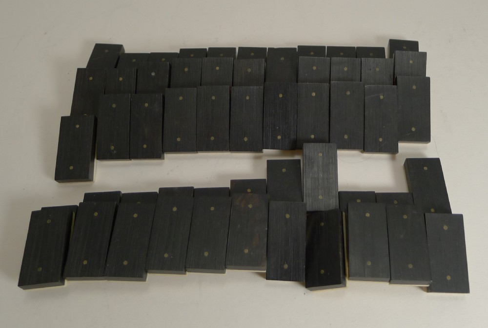 Antique English Boxed Set Bone & Ebony Wood Double Nines Dominoes c.1900 View VI