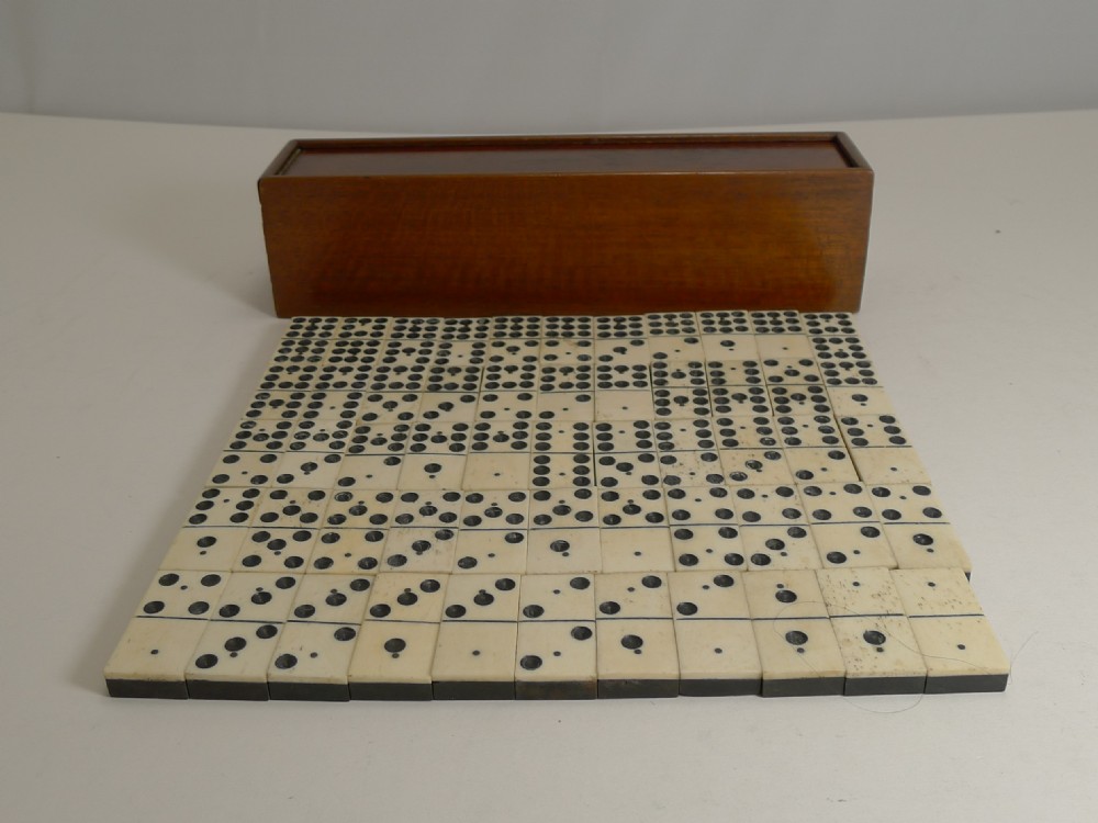 Antique English Boxed Set Bone & Ebony Wood Double Nines Dominoes c.1900 View VIII