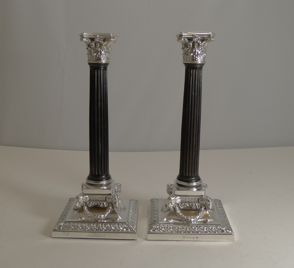 Fine Rare Pair Antique English Silver Plate and Carved Ebony Candlesticks - 1882