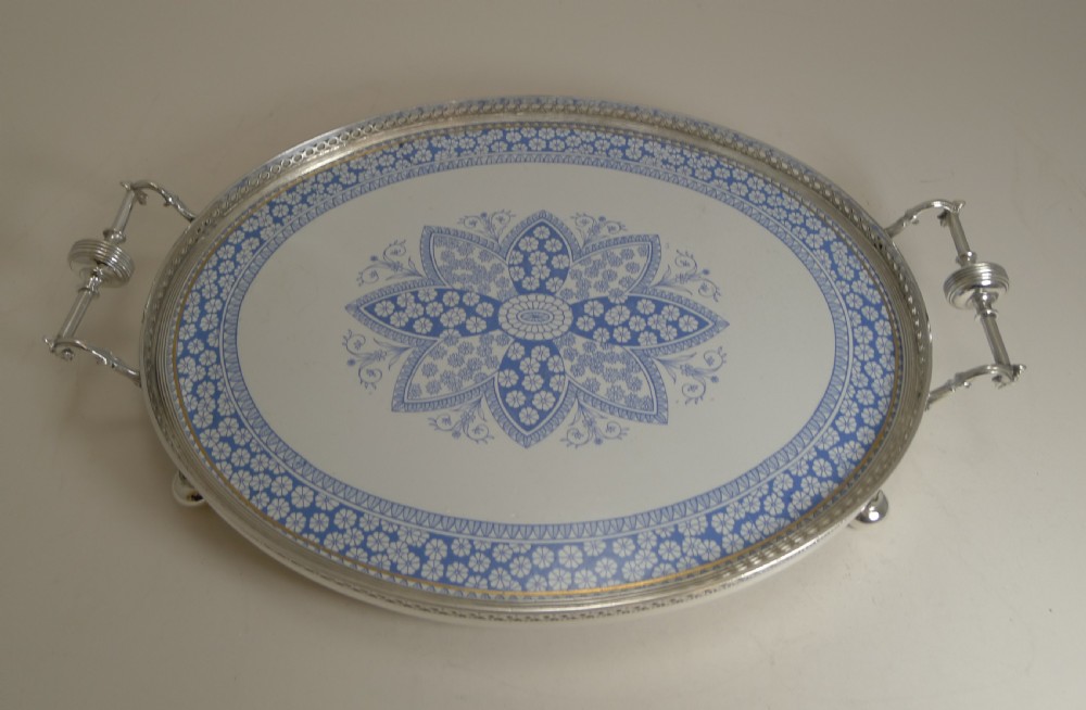 Antique English Silver Plate and Ceramic Blue and White Serving Tray c.1880