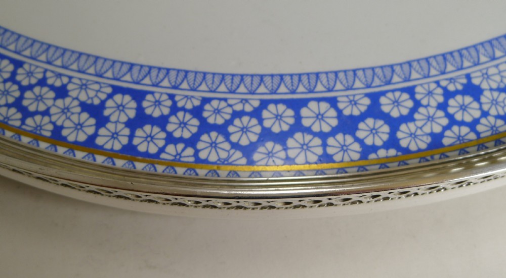Antique English Silver Plate and Ceramic Blue and White Serving Tray c.1880 View IV