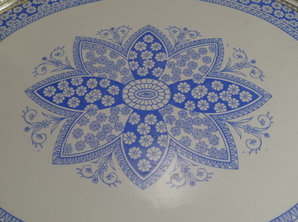 Antique English Silver Plate and Ceramic Blue and White Serving Tray c.1880 View V