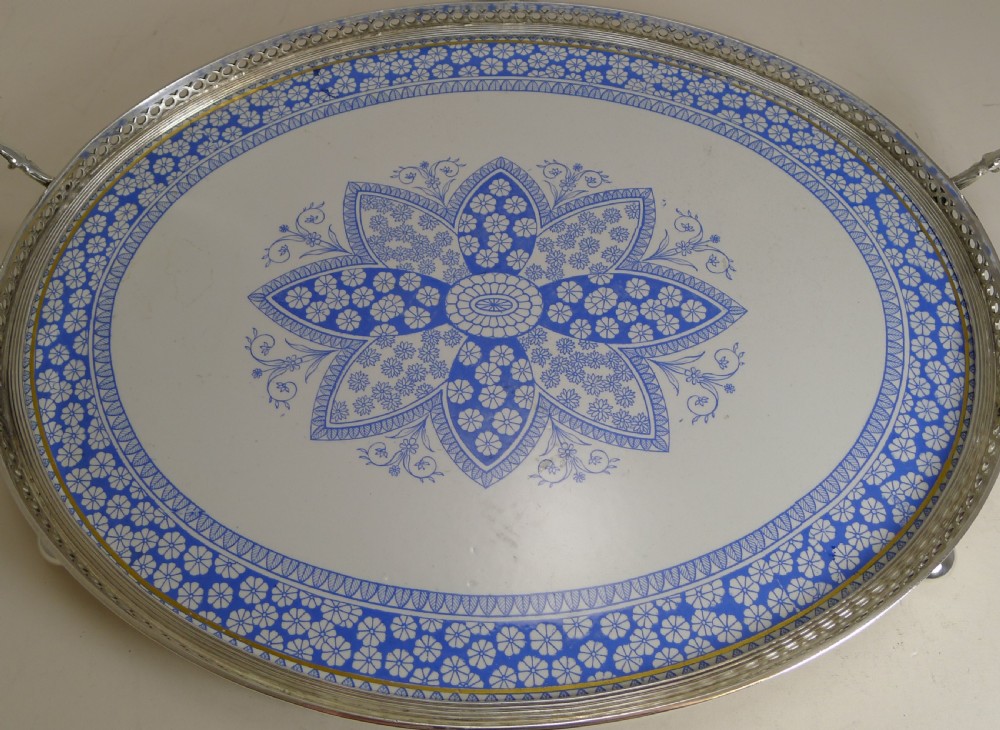 Antique English Silver Plate and Ceramic Blue and White Serving Tray c.1880 View VI