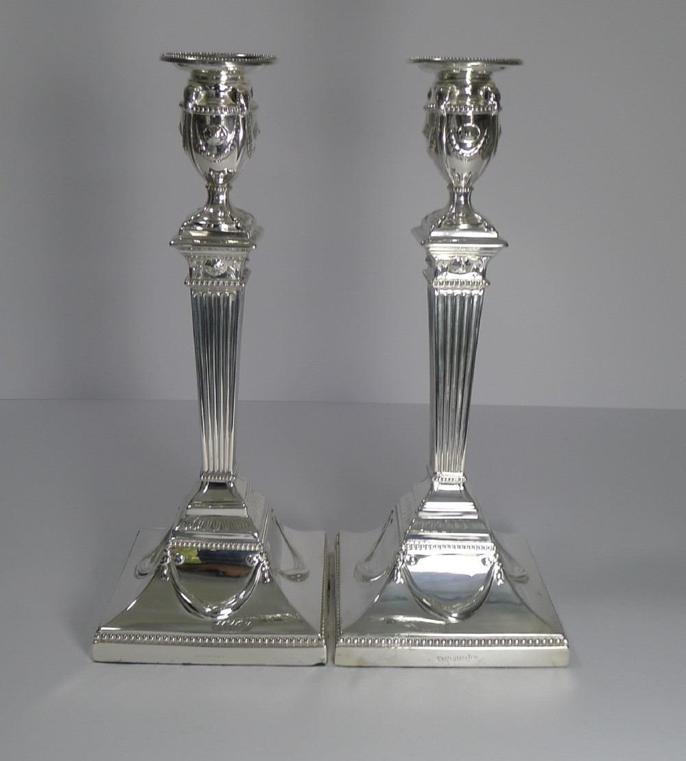 Large Pair Antique English Silver Plated Candlesticks by Walker & Hall c.1910