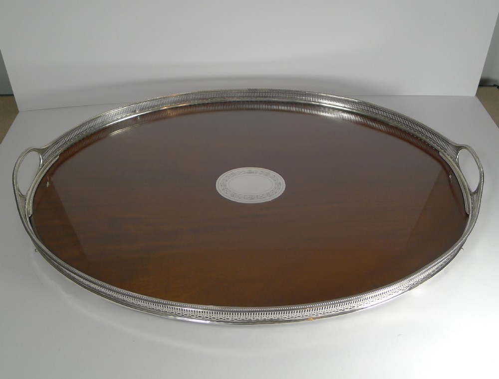 Large Antique English Mahogany and Sterling Silver Tray - 1883