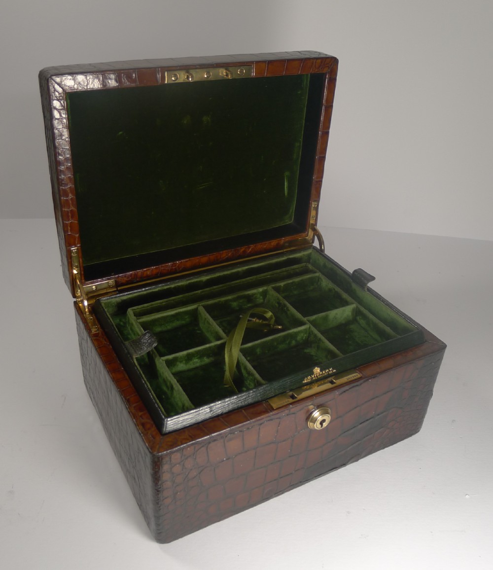 Large Antique English Crocodile Jewellery Box by Vickery c.199