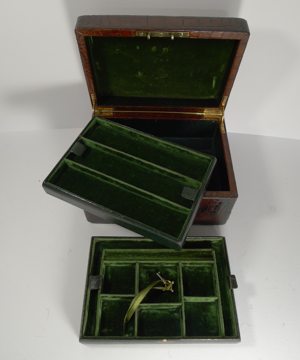 Large Antique English Crocodile Jewellery Box by Vickery c.199 View XIV