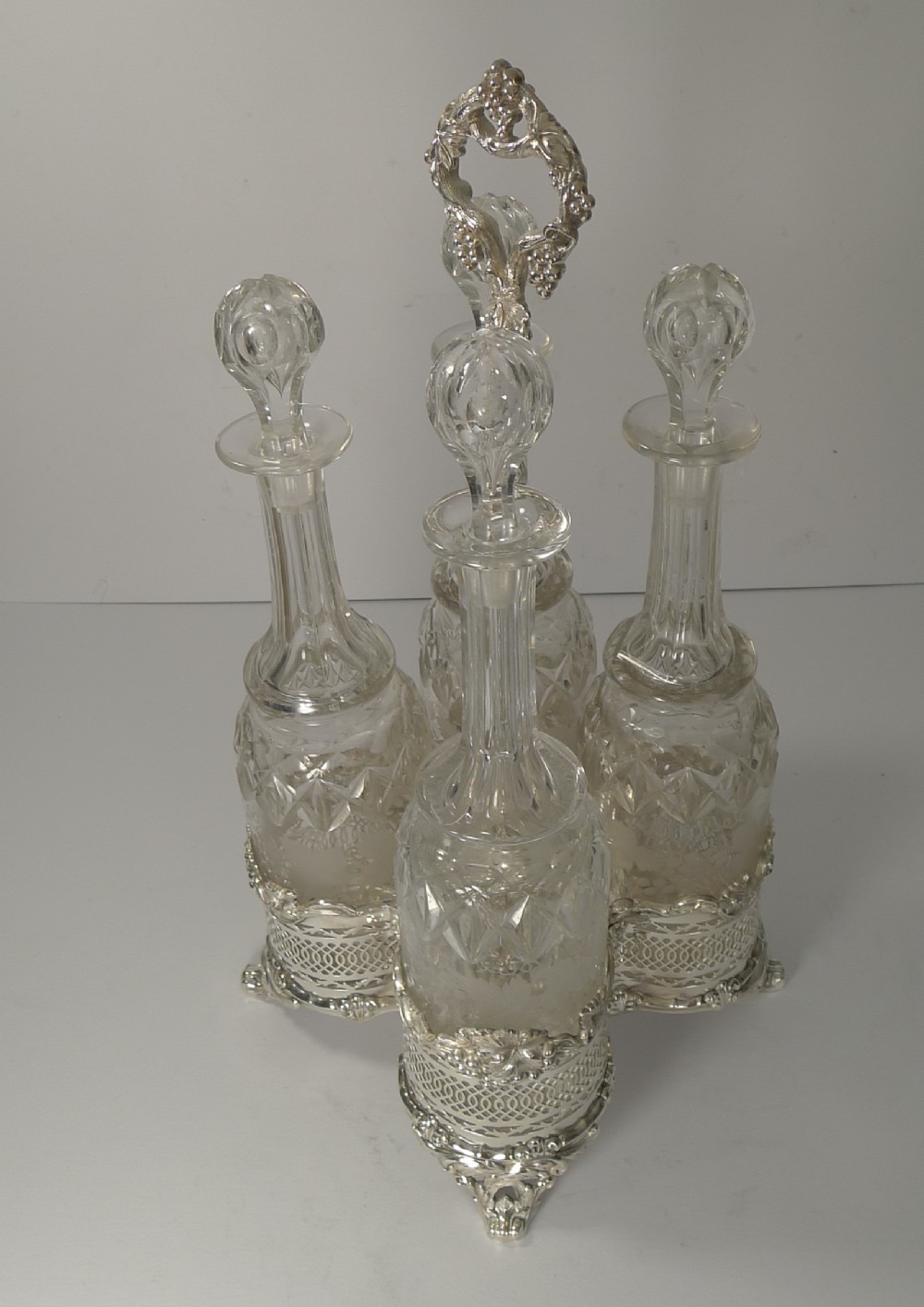 Four Antique English Wine Decanters In Stand c.1890