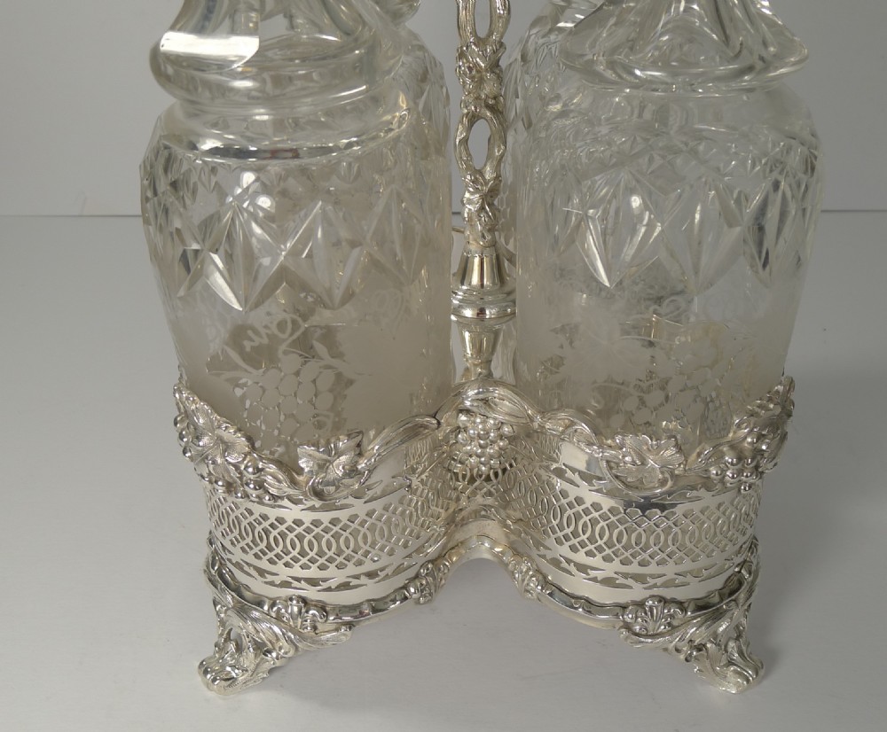 Four Antique English Wine Decanters In Stand c.1890 View XVI