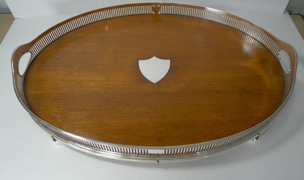 Grand Graduated Pair Late Victorian Oak and Silver Plate Serving Trays View VI
